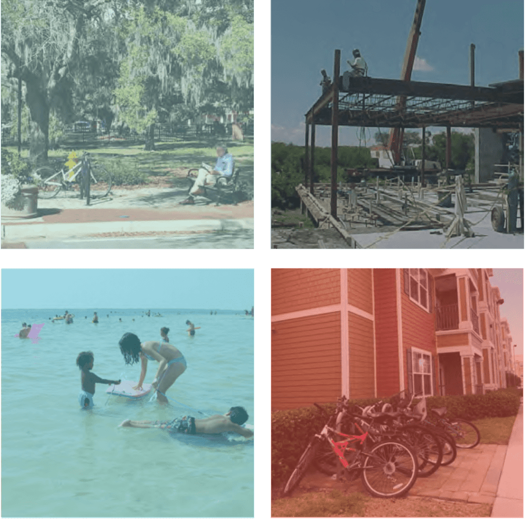 Photos from around Pinellas County. A man sitting in a pack on a bench. A woman and children playing in the water at a beach. A row of bicycles outside of an affordable housing complex. A metal frame of new construction for a building.